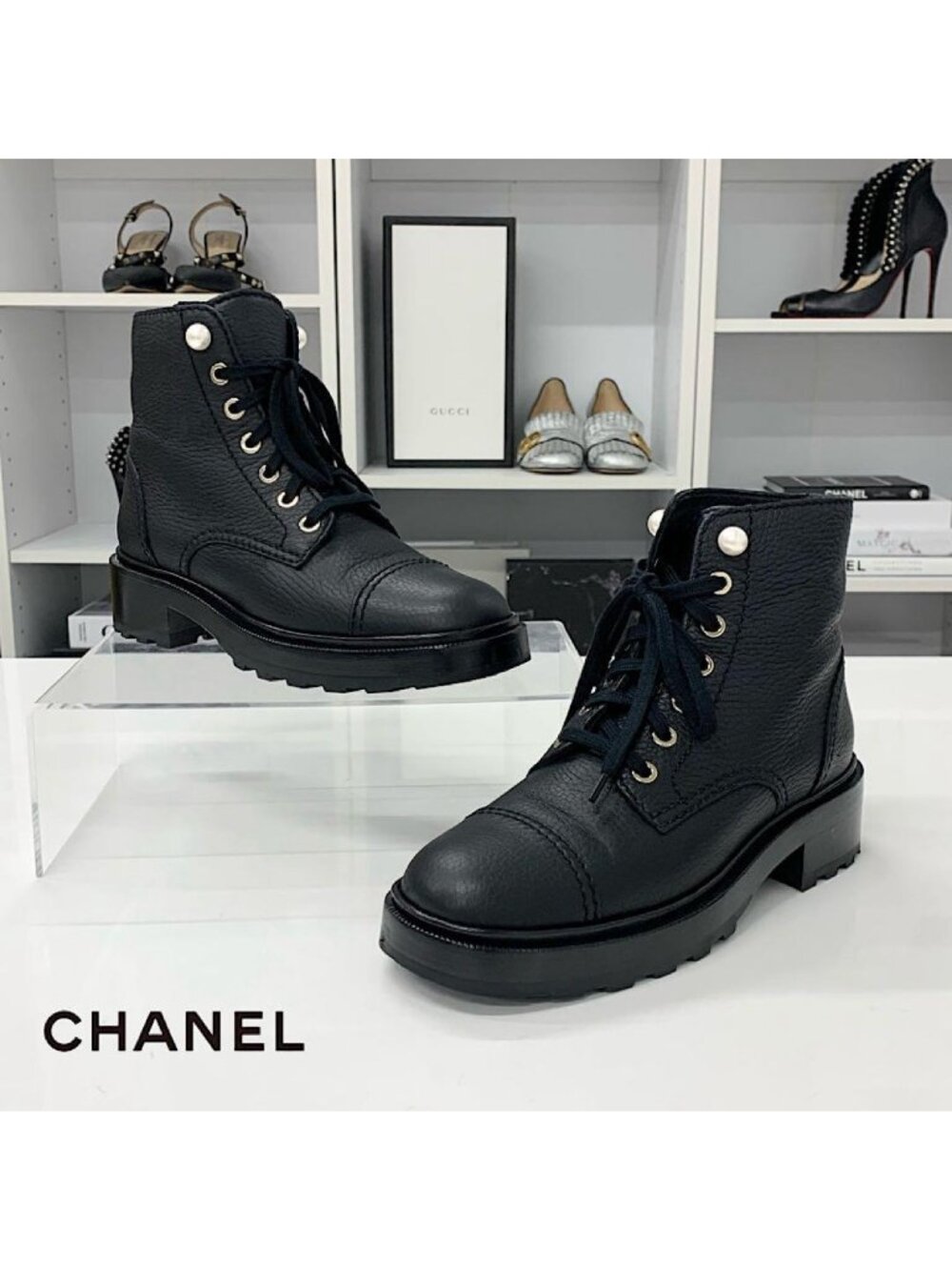 Chanel CC Logo Leather Pearl Lace-up Short Boots Black